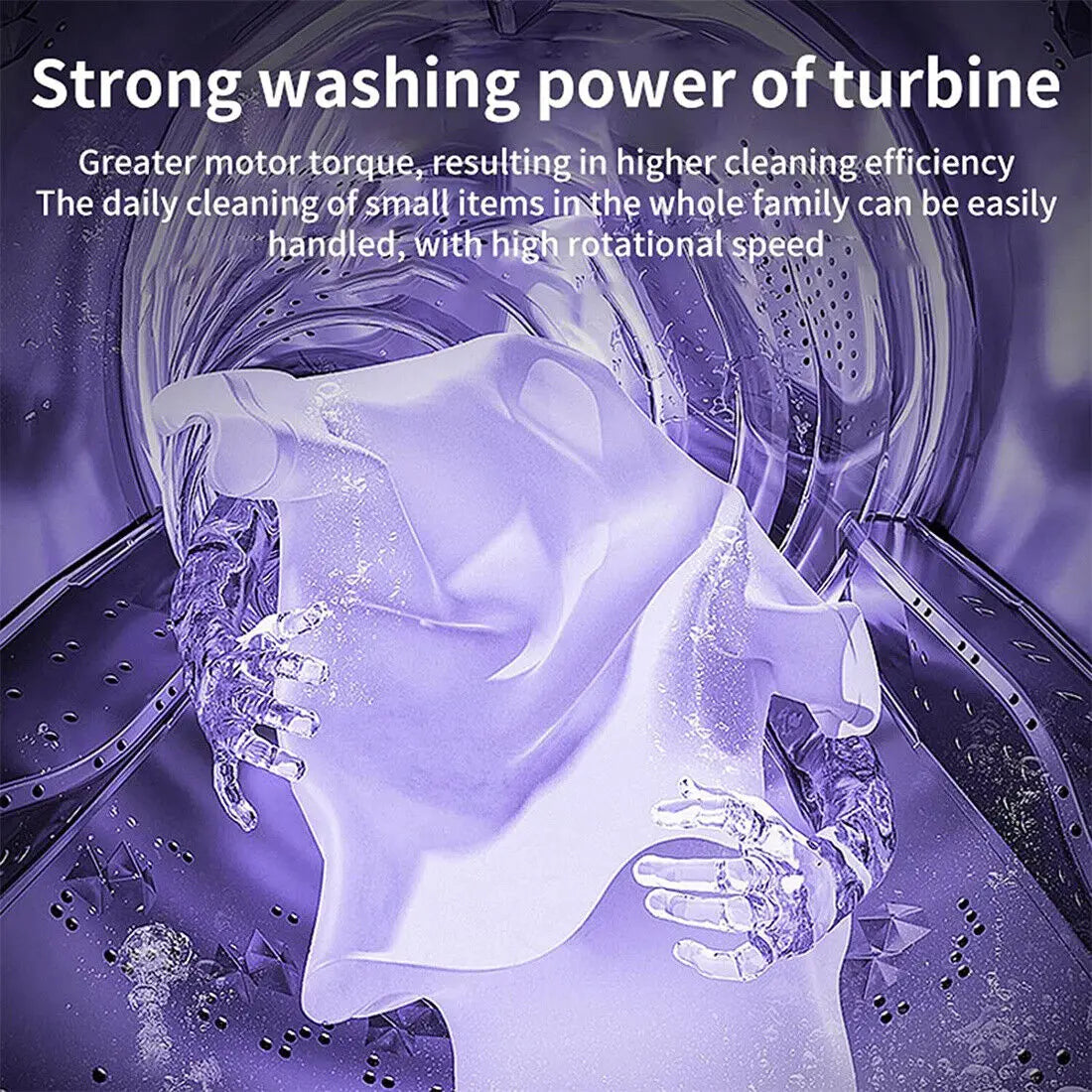 Washing machine turbine with text highlighting strong washing power and cleaning efficiency.