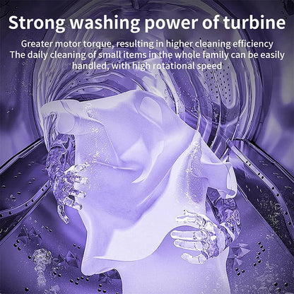 Washing machine turbine with text highlighting strong washing power and cleaning efficiency.
