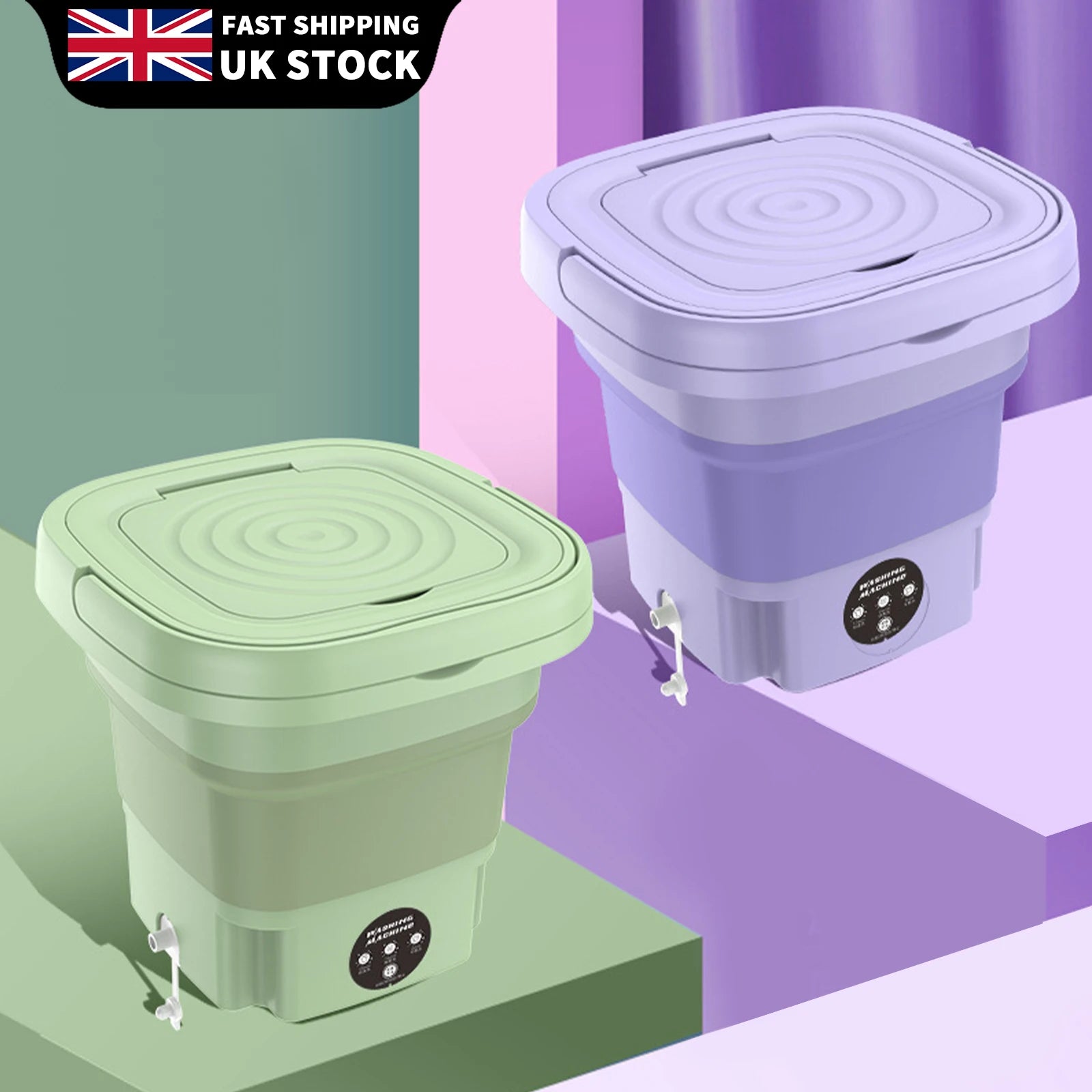 Two collapsible buckets, one green and one purple, on a colorful geometric background with 'Fast Shipping UK Stock' text.
