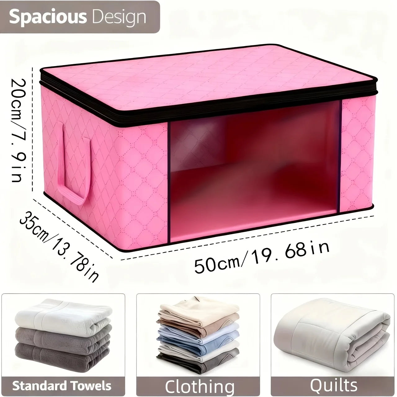 Pink storage box with dimensions and examples of items it can store.