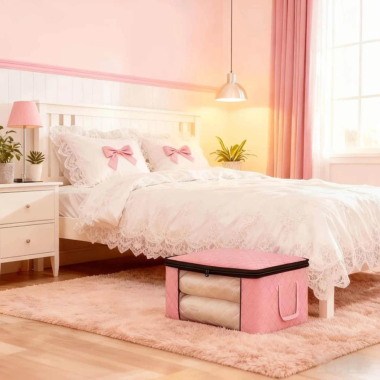 Pink storage cube on a bed in a bedroom with pink walls and decor.