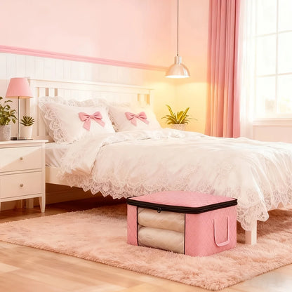 Pink storage cube on a bed in a bedroom with pink walls and decor.