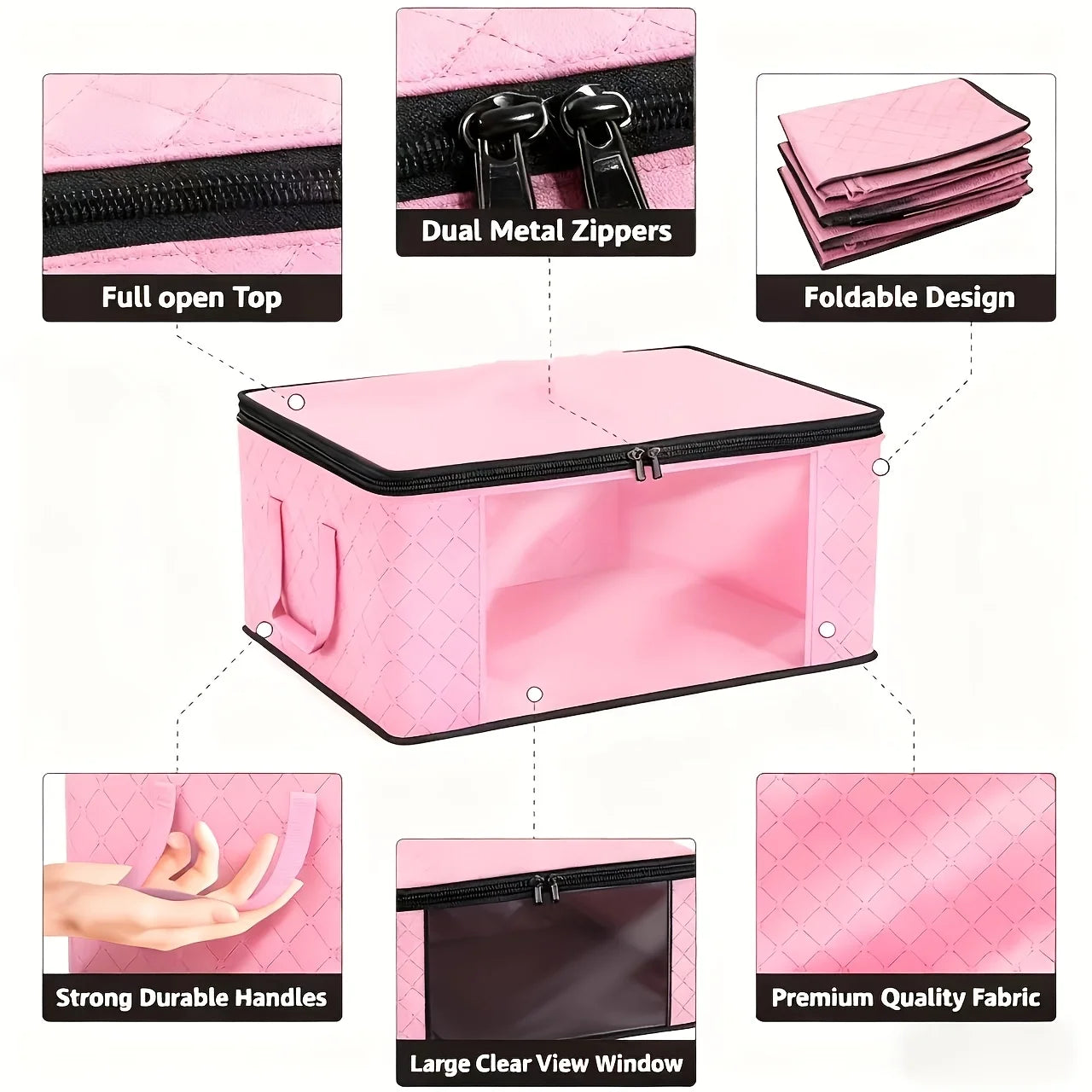 Pink storage box with features highlighted on a white background