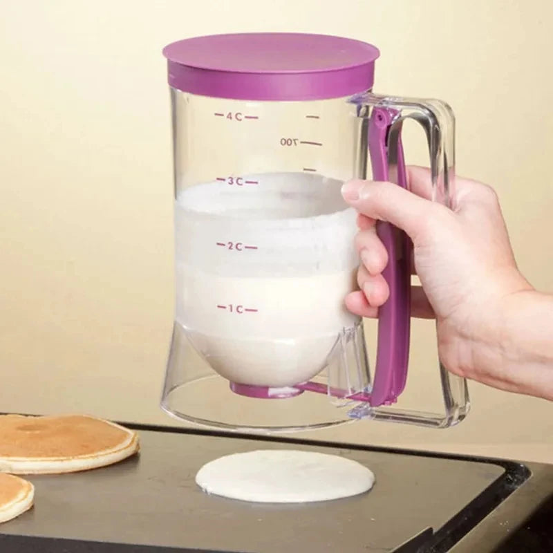 Hand holding a measuring cup with a purple handle and lid, filled with liquid, on a beige background.