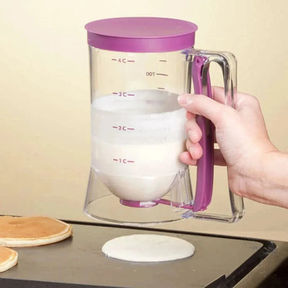 Hand holding a measuring cup with a purple handle and lid, filled with liquid, on a beige background.