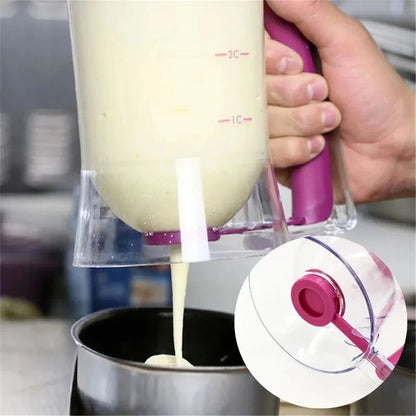 Hand holding a pink and clear measuring cup pouring liquid into a container with a close-up of the measuring mechanism.