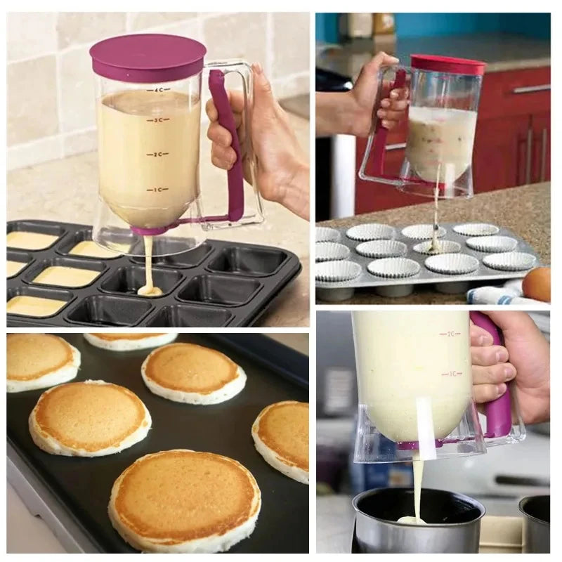 Collage of a person using a pancake maker to make pancakes.