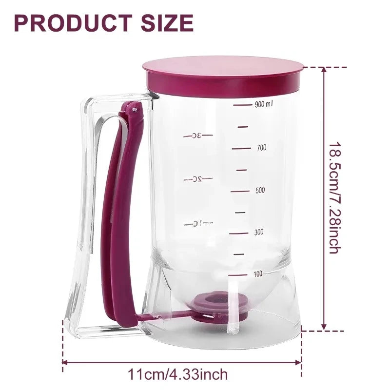 Clear measuring cup with pink lid and handle, showing measurements and dimensions on a white background.
