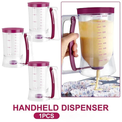 Handheld dispenser with purple lid and handle, shown with a hand pouring a liquid into cupcake liners.