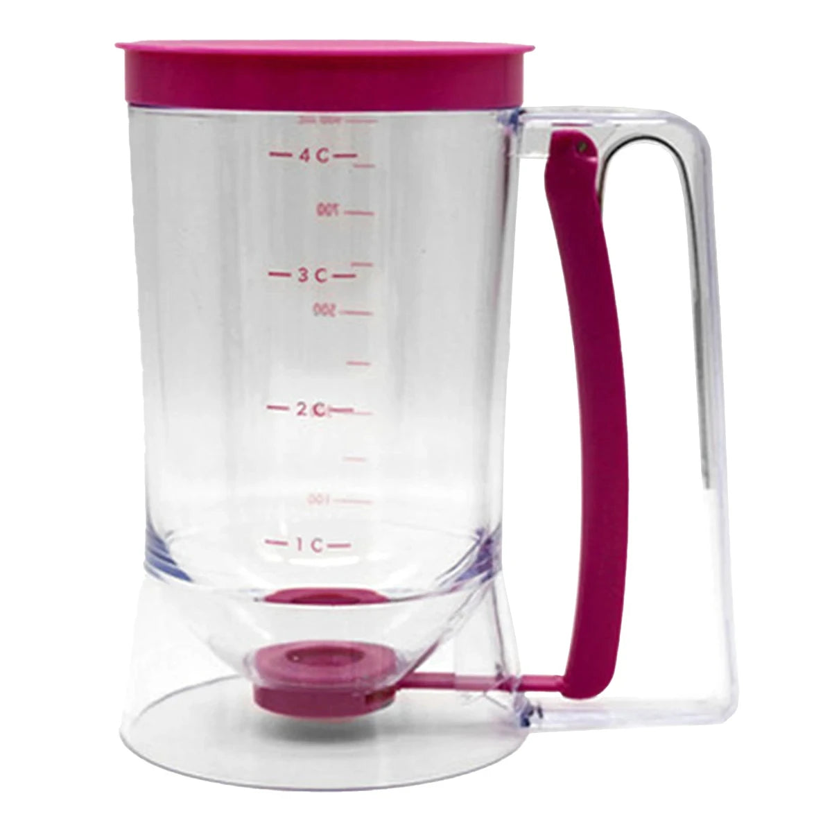 Clear measuring cup with pink lid and handle on a white background