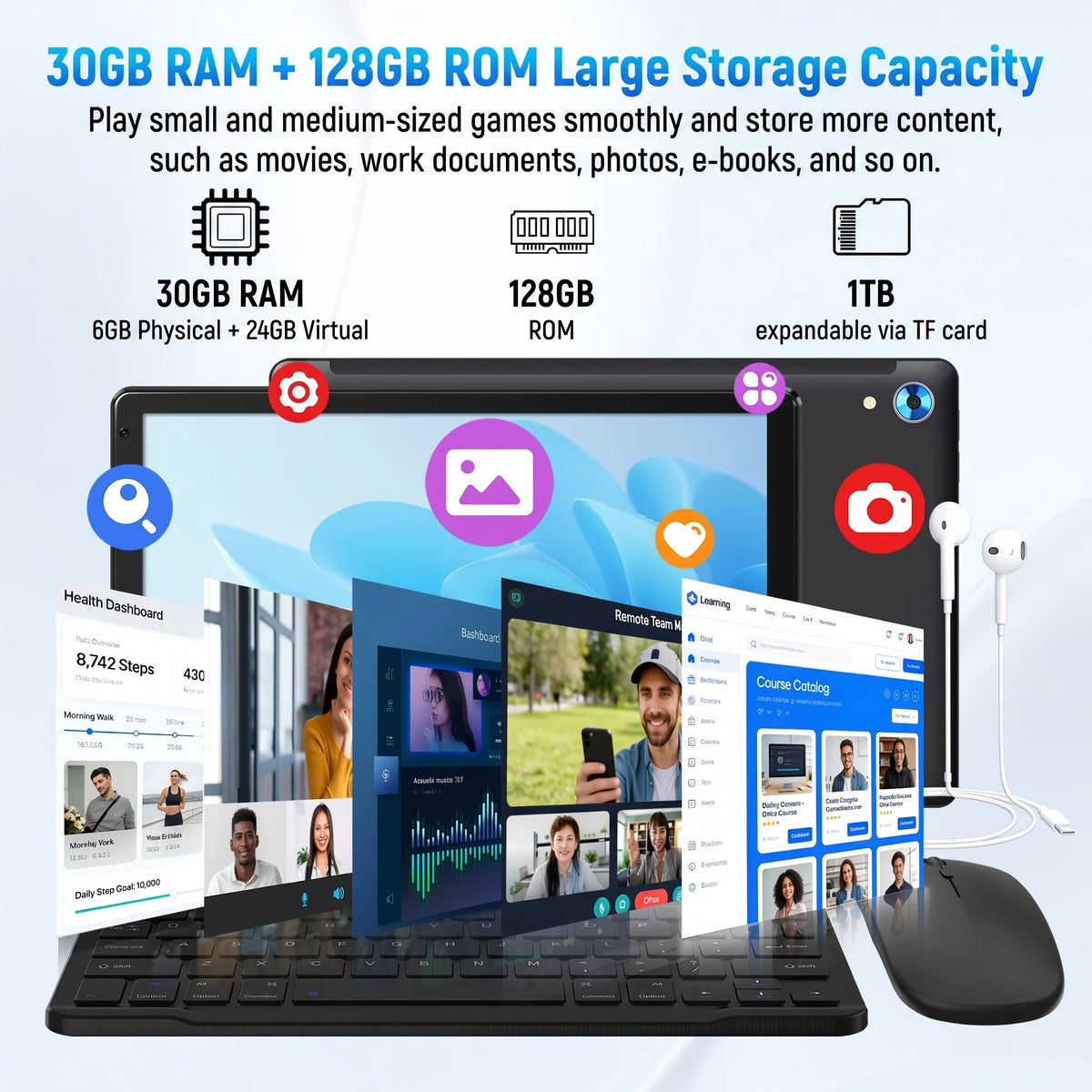 10.1 Inch Android 16 Tablet 128GB 30GB Set Keyboard Mouse Stylus Bundle Black