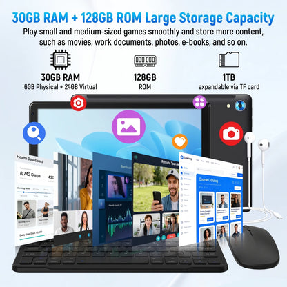10.1 Inch Android 16 Tablet 128GB 30GB Set Keyboard Mouse Stylus Bundle Black