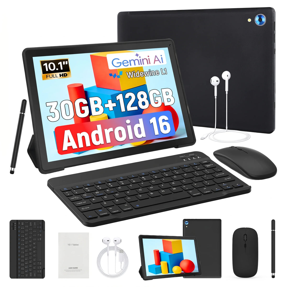 10.1 Inch Android 16 Tablet 128GB 30GB Set Keyboard Mouse Stylus Bundle Black