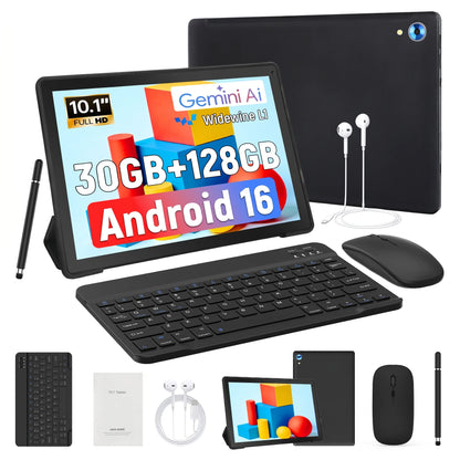 10.1 Inch Android 16 Tablet 128GB 30GB Set Keyboard Mouse Stylus Bundle Black
