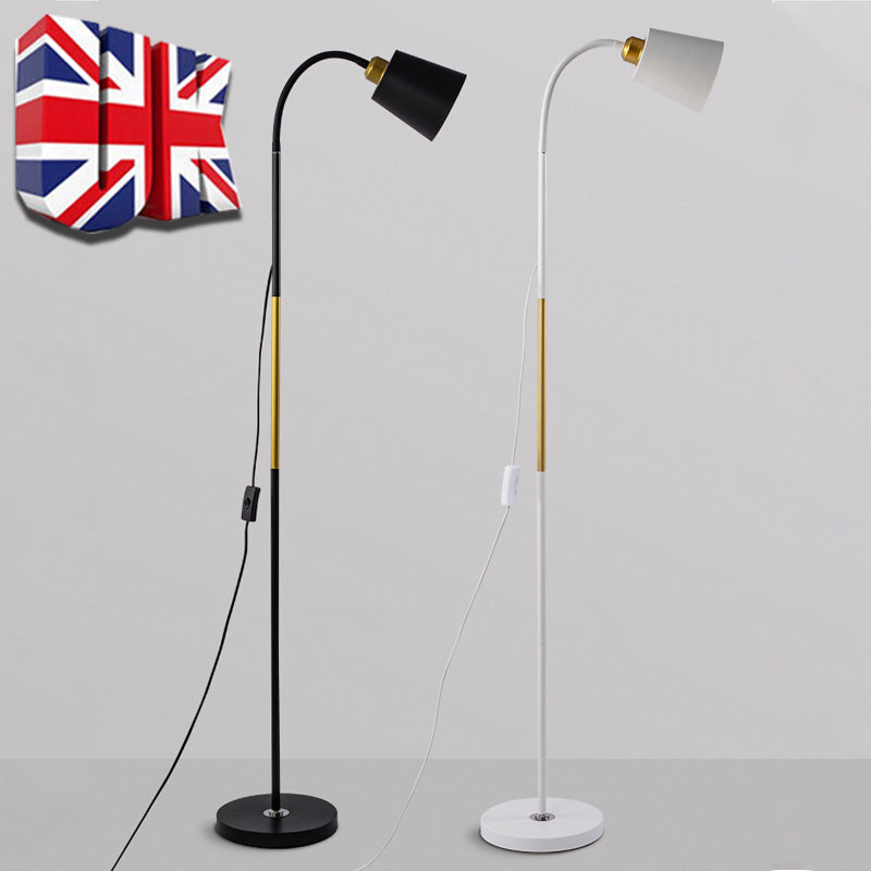 Two floor lamps, one black and one white, on a gray background with a British flag icon.