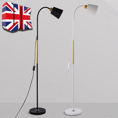 Two floor lamps, one black and one white, on a gray background with a British flag icon.