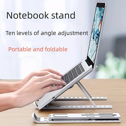 Notebook stand with adjustable angles on a desk, showing a laptop being used.