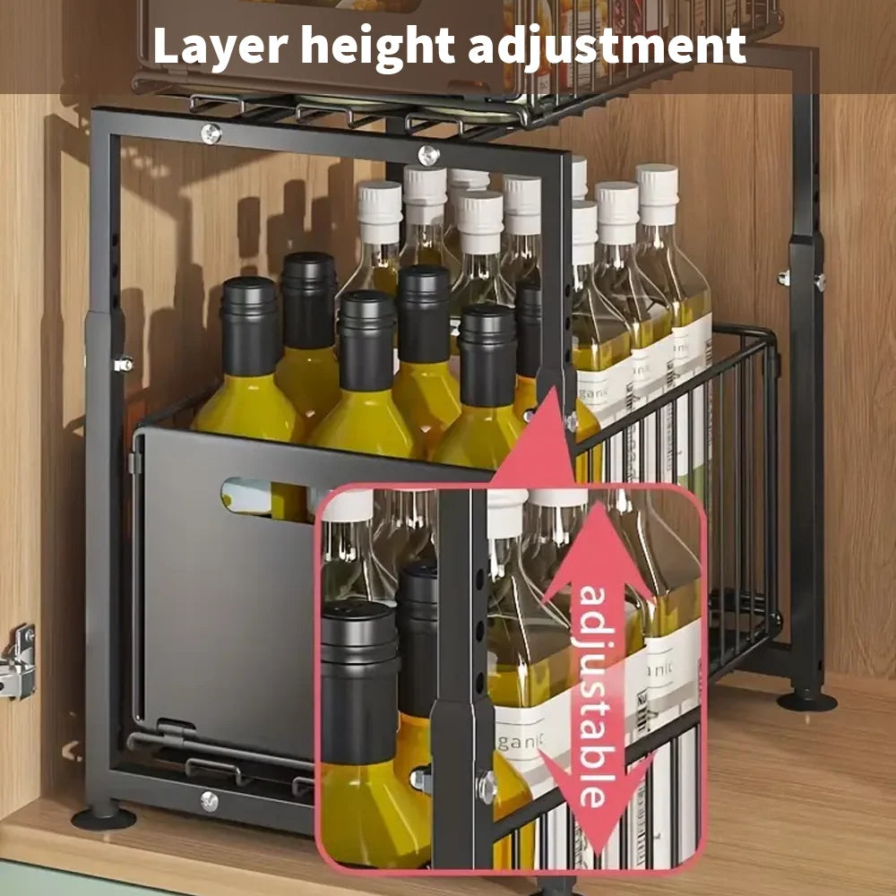 Adjustable wine rack with bottles inside, highlighting layer height adjustment feature.