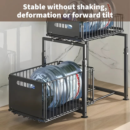 Dish rack with plates on a marble floor, text indicating stability.