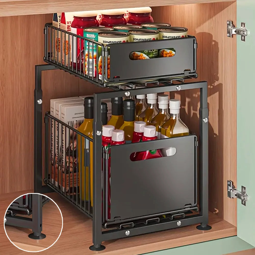 Cabinet organizer with shelves holding food items and bottles inside a wooden cabinet.