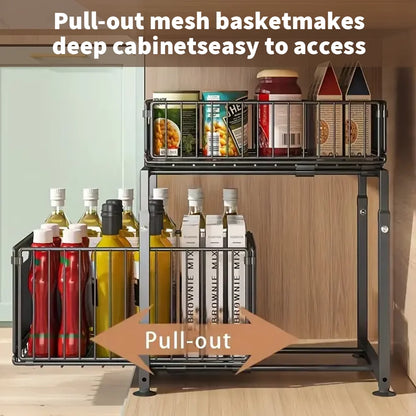 Kitchen storage rack with pull-out mesh basket for easy access to deep cabinets.