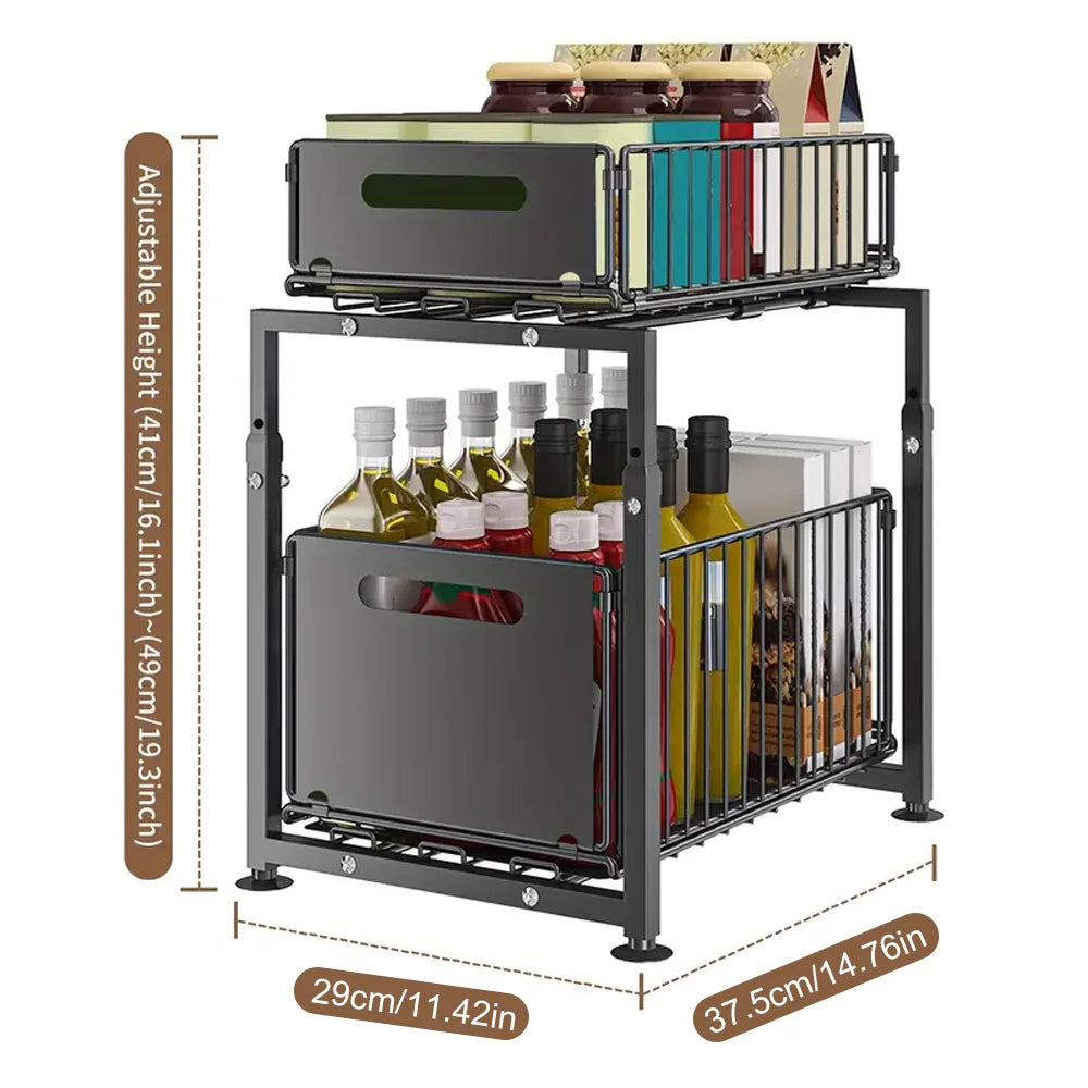 Multifunctional storage rack with adjustable height, bottle holder, and magazine rack on a white background.