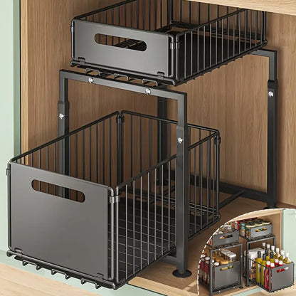 Black metal pull-out storage baskets in a kitchen cabinet.