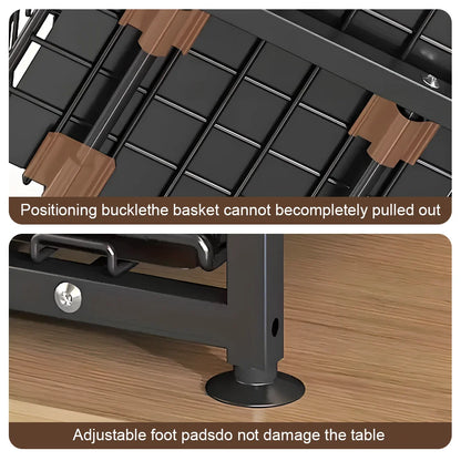 Close-up of a table with adjustable foot pads and positioning buckle on a wooden surface.