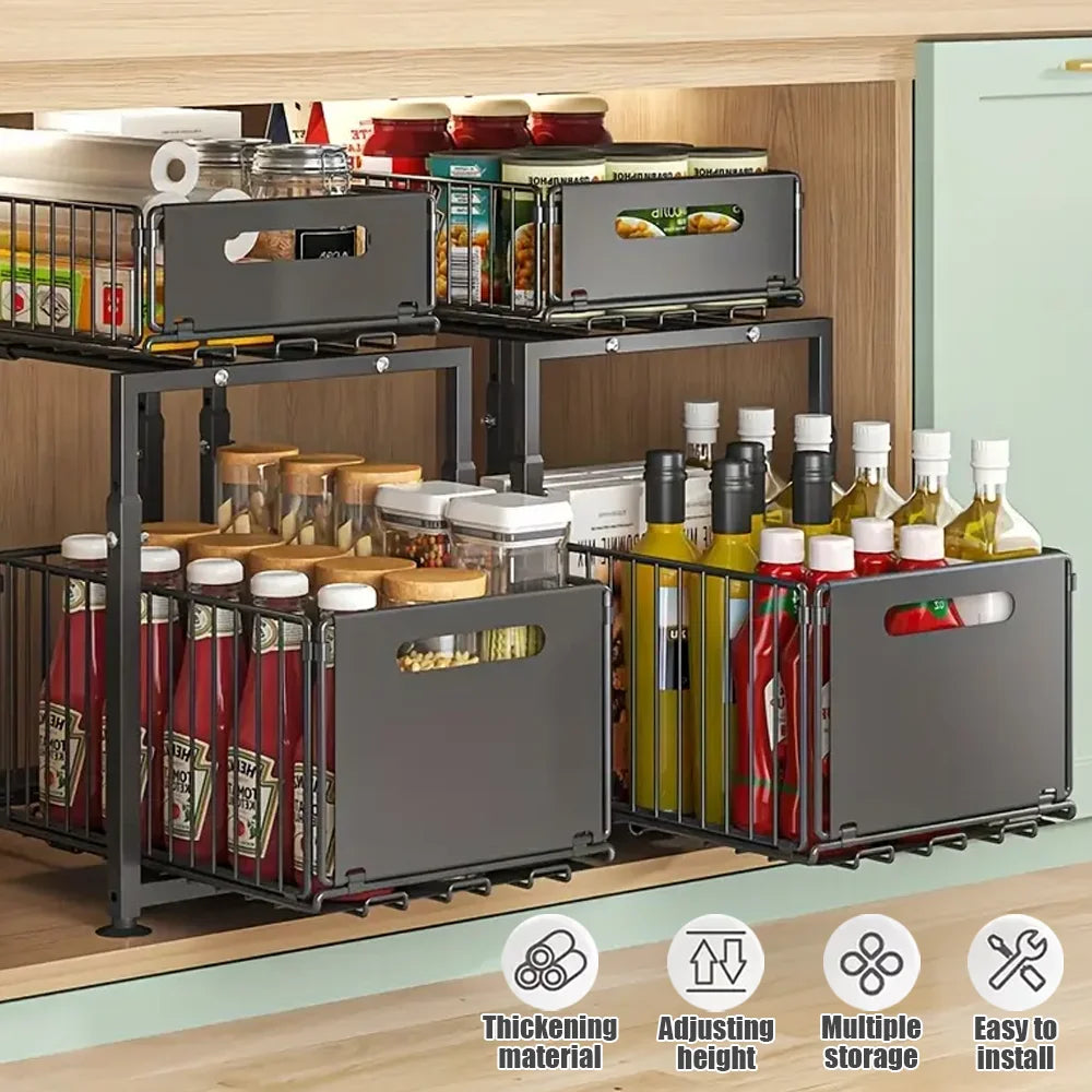 Undercounter storage rack with bottles and containers in a kitchen setting