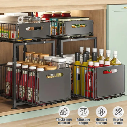 Undercounter storage rack with bottles and containers in a kitchen setting