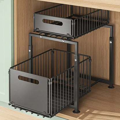 Black metal storage baskets with stands on a wooden floor.