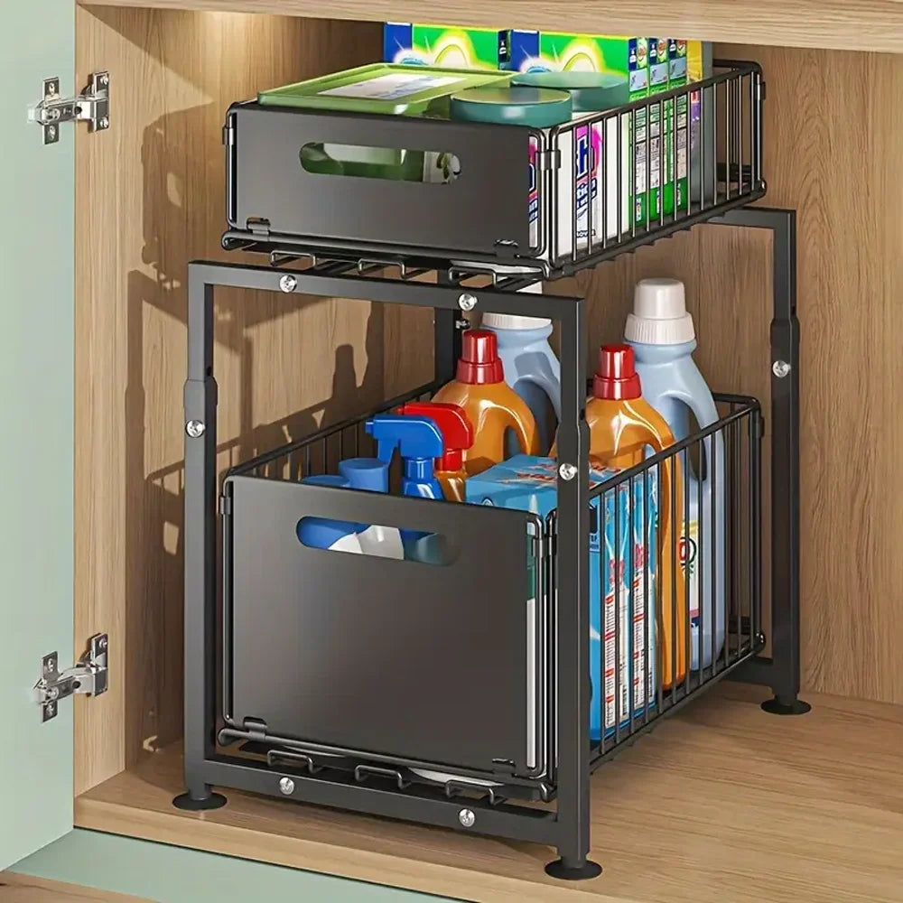 Cabinet organizer with bottles and boxes inside a wooden cabinet