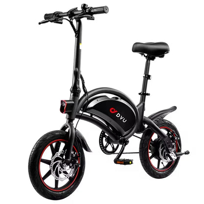 Black electric bike with red accents on a white background, featuring the DYU brand.