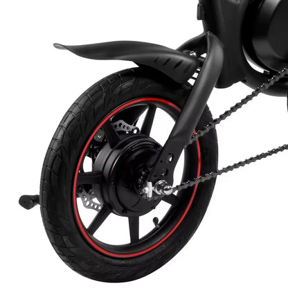 Close-up of a motorcycle wheel with a black tire and red rim on a white background