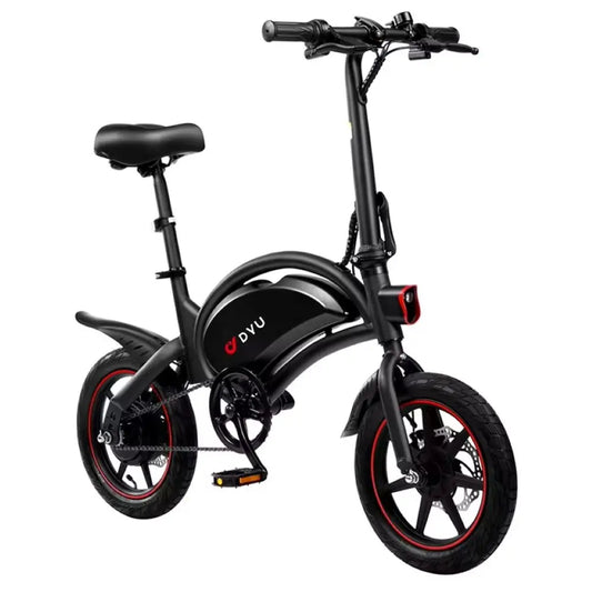 Black electric bike with red accents on a white background
