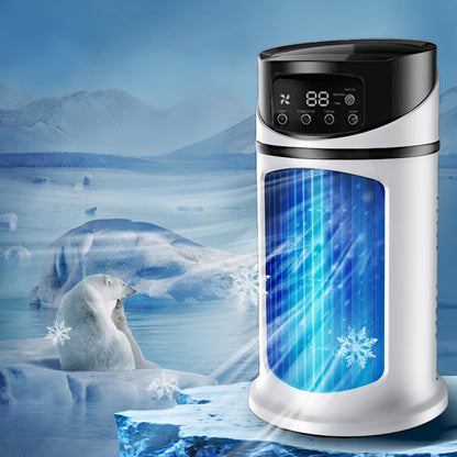 Tower fan with digital display against a snowy landscape background