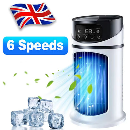 Portable air conditioner with digital display, ice cubes, and a British flag on a white background