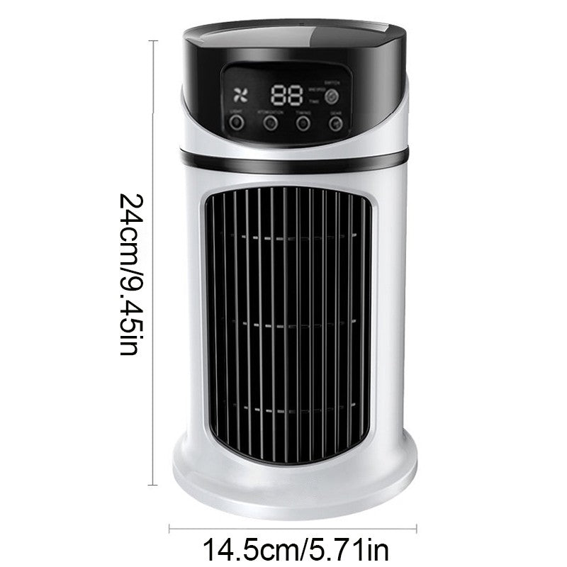 Tower heater with digital display and dimensions on a white background