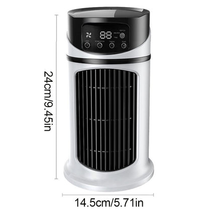 Tower heater with digital display and dimensions on a white background