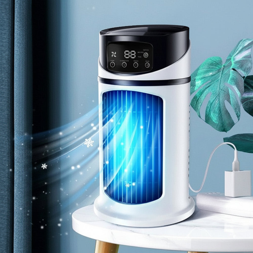 White air purifier with digital display on a table against a blue wall with decorative elements.