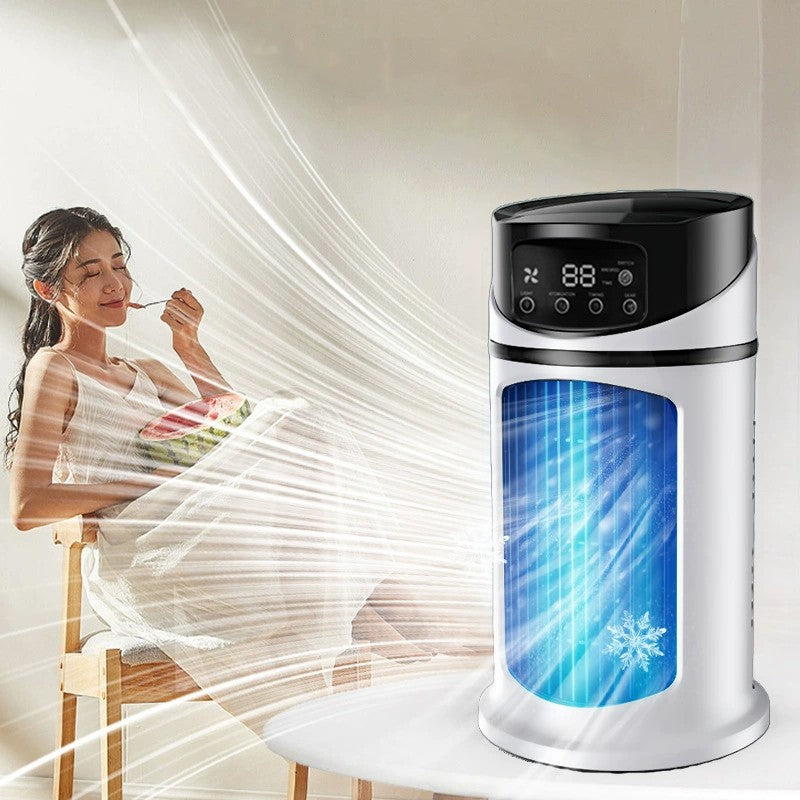 Woman sitting under a fan with a digital display and cooling effect shown on the fan.