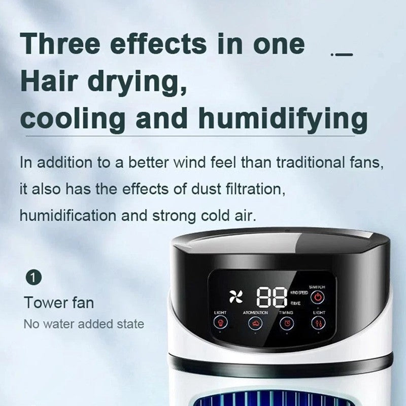 Tower fan with digital display on a light blue background, highlighting its multiple functions.