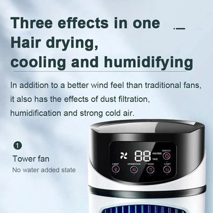 Tower fan with digital display on a light blue background, highlighting its multiple functions.