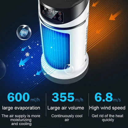 Portable air conditioner with features highlighted on a dark background