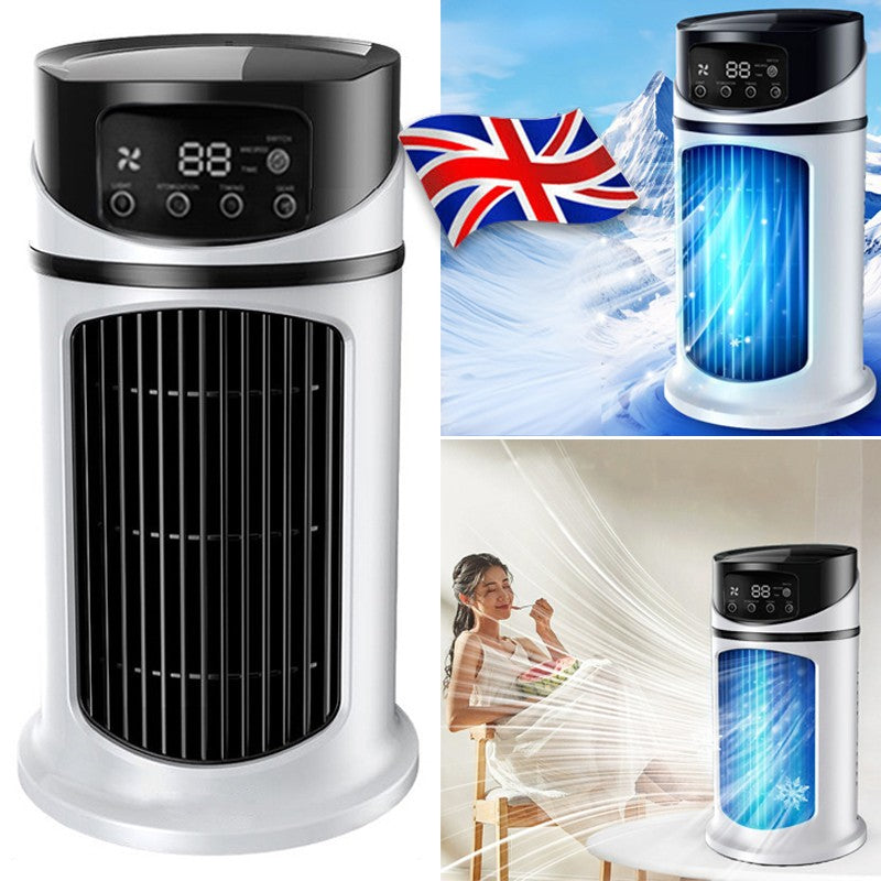 Portable air conditioner with digital display and fan blades, shown with a British flag inset.