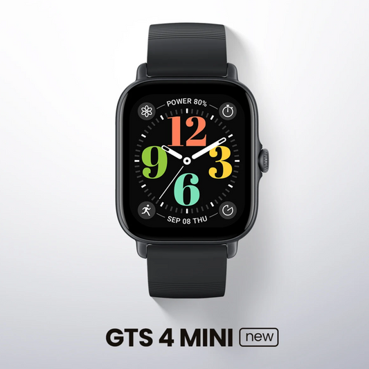 Black smartwatch with colorful display on a white background, labeled 'GTS 4 MINI new'.