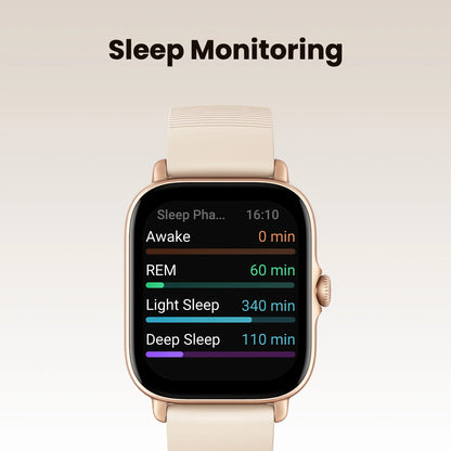 Smartwatch displaying sleep monitoring data on a beige background