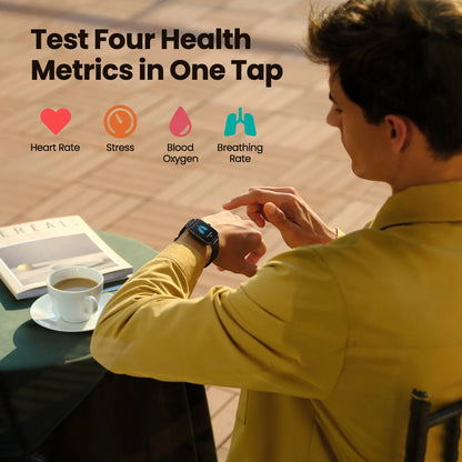 Person using a smartwatch with health metrics displayed, sitting at a table with a cup of coffee and book.