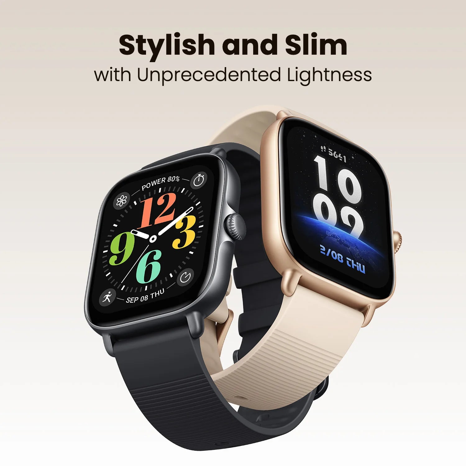 Two smartwatches, one black and one gold, on a light background with text 'Stylish and Slim with Unprecedented Lightness'.