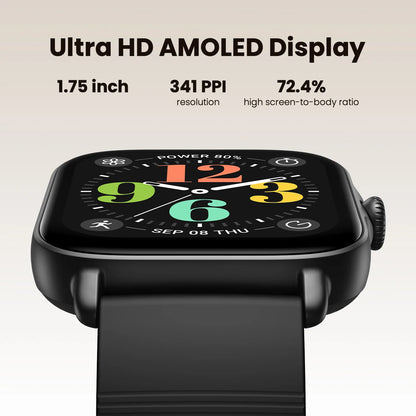 Smartwatch with Ultra HD AMOLED display specifications on a beige background